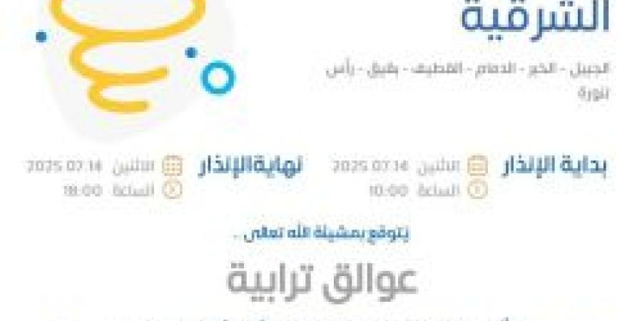 حالة الطقس اليوم في الشرقية: تفاصيل الإنذار الأصفر في الجبيل والخبر والدمام والقطيف وبقيق ورأس تنورة - ايجي سبورت